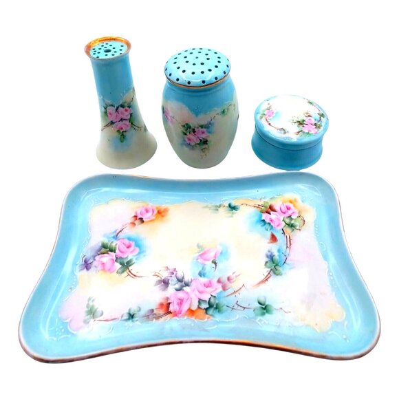 M & Z R & S Austria Germany Antique Porcelain Vanity Dresser Set Blue Pink Roses - Picture 1 of 16